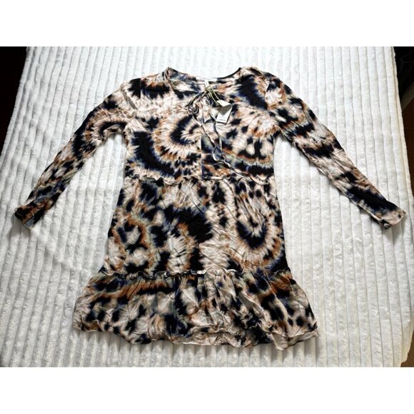 NWT BCBGeneration Boho Peasant LS Black Beige Blue Tie Dye SZ Large - Picture 1 of 10